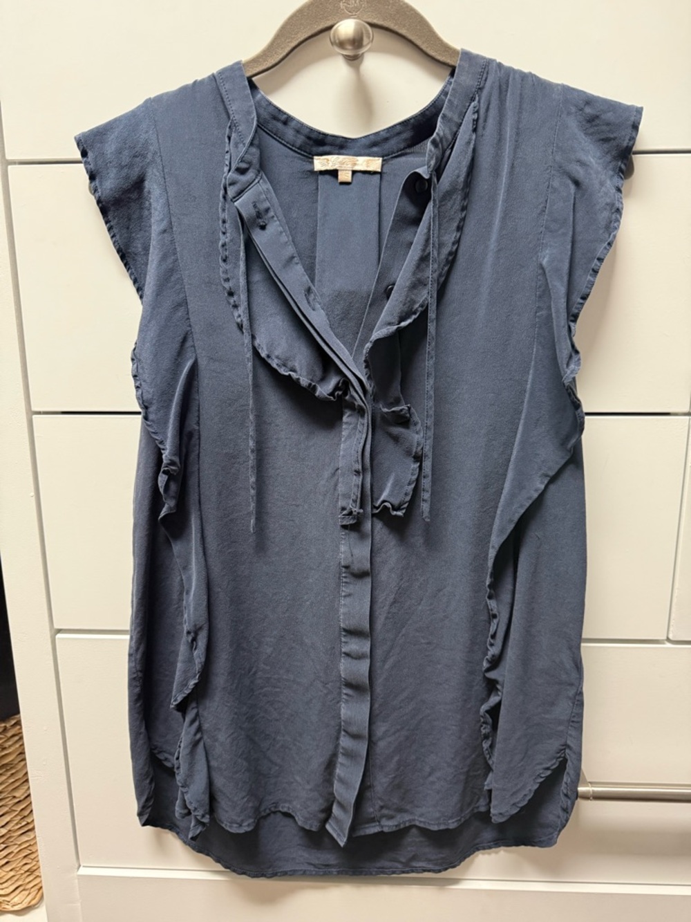 Gold Hawk 100% Silk Ruffle Flutter Sleeve Blouse | Size XS | Steel Navy